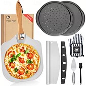 preiswerte Küchenset-7-teiliges Pizzablech mit Holzgriff Pizza mit Thermohandschuhen Langschneider Pizzabackset