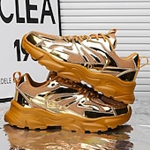 economico Sneakers Casual-Sneakers da uomo color oro metallizzato con suola spessa e finitura riflettente, scarpe da corsa alla moda con lacci per abbigliamento streetwear, da festa e casual