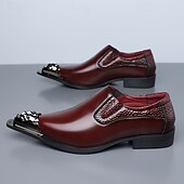 billige Loafers-Brune slip-on pensko i kunstskinn med metalltåhette til herre, elegante fest- og forretningssko