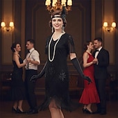 お買い得  1920年代のドレス-セット 20代の轟音 1920年代風 膝丈 フラップワンピース 二次会ドレス / カクテルドレス ファンシーコスチューム アクセサリー付き 半袖 グレートギャツビー フラッパーガール スパンコール タッセル Ｖネック 仮装 女性用 クリスマス 新年 パーティー スピークイージー マスカレード 成人 ドレス グローブ イヤリング