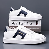 abordables Zapatillas Informales-Zapatillas casuales de piel sintética blanca para hombre con panel de acento marrón y diseño con cordones, zapatos de calle cómodos para atuendos urbanos y deportivos diarios.