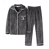baratos Pijamas-Homens Roupa de Dormir Conjunto de Pijama Top e calça de pijama 1conjunto Cada Moda à moda Clássico Casa Diário De Cama Sherpa Poliéster Térmico / Quente Conforto Macio Lapela Manga Longa Calça