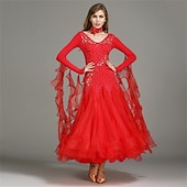 Недорогие Стандартный бальный зал-женское платье для бальных танцев, розовое, с цветочным принтом и стразами, многослойное, элегантное, для выступлений в стиле вальс-фокстрот