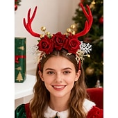 economico Accessori per capelli da donna-set di 2 cerchietti natalizi da donna con corna di renna, accessori floreali per capelli con rose rosse e bianche, bacche dorate &amp;corna di velluto per feste di Natale &amp;foto di famiglia