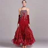 economico Abbigliamento da Competizione-abito da ballo da sala da donna, verde smeraldo, in organza di velluto a rete con strass, a strati, per tango, valzer, foxtrot, competizione