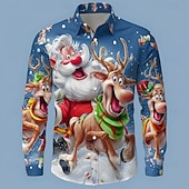 cheap Christmas Animal Outfit-Christmas Men's Cartoon Santa Claus Reindeer Shirt Button Up Shirt Long Sleeve Funny Outdoor Holiday Spring Fall Turndown 3D Print Collared Shirts Blue White 1 White Pink Orange