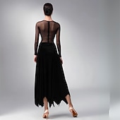 economico Abbigliamento da Competizione-abito da ballo da sala da donna in velluto nero con scollo a V profondo, maglia trasparente, maniche lunghe, elegante abito da competizione per tango, valzer e rumba