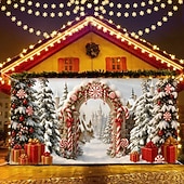 abordables Housses de porte de garage de Noël-Couverture de porte de garage de Noël, arche d&#039;arbre de Noël, neige et boîtes-cadeaux, grande toile de fond suspendue, bannière murale de vacances extérieure, décoration de fête à domicile, décor