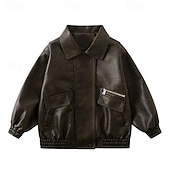 cheap Jongens Leren Jassen-Kid's Boys' Black Leather Jacket Jacket Outerwear Plain Long Sleeve Zip Up Waterproof Windproof Coat Daily Fashion Casual Black Green Spring Fall 4-12 Years