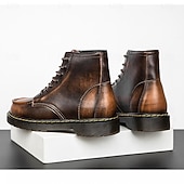baratos Botas de combate-Botas de trabalho masculinas de couro bordô com cadarço, botas de combate vintage casuais de cano curto, duráveis para atividades ao ar livre &amp;sapatos de uso diário