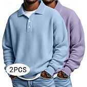 voordelige Klassieke polo voor heren-2 stuks heren wafel poloshirts golf shirt formeel zakelijk klassiek lange mouwen mode effen kleur 2 stuks multi-pack herfst lente &amp;herfst regular fit wit paars blauw wafel poloshirts