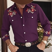 abordables camisas occidentales de los hombres-Hombre Estampado Floral Étnico Flores Camisa camisa occidental Camisa vaquera Manga Larga retro de la vendimia Casual Exterior Para trabajo Primavera Otoño Cuello Vuelto Dos bolsillos delanteros