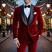 billige Høytidsselskap-herre jul fritid fest fløyelsdresser sjalslag rød grønn julefest ensfarget skreddersydd passform 2 deler enkeltspent én knapp