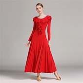 cheap Standard  Ballroom-Elegant Blue Ballroom Dance Dress with Ruffled Neckline and Long Sleeves for Latin and Social Dancing