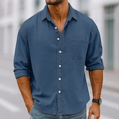 baratos camisa de botão masculina-Homens Camisa Social Camisa casual camisa vintage camisa de botão Vinho Azul Marinha Manga Longa Tecido Lapela Casual Streetwear Bolsos Roupa Algodão Elastano Vintage Moda Retro Vintage