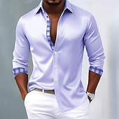 abordables Camisa de Satén para Hombre-Hombre Cuadrícula / Cuadros Diseño Geométrico Camisa Camisa de raso Camisa para Vestido Manga Larga Informal de negocios Vacaciones Uso Diario Verano Primavera Otoño Cuello Vuelto Impresión 3D
