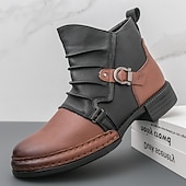 baratos Botas de trabalho-Botas masculinas de couro sintético bicolor, pretas e marrons, com tira de fivela lateral e design de gáspea dobrada, botas vintage feitas à mão para amantes da moda retrô