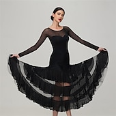 cheap Competition Wear-Women's Ballroom Dance Dress Layered Ruffle Mesh Long Sleeve Elegant Tango Waltz Foxtrot Competition Performance Gown – Black