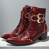 halpa Ensiluokkaiset nahkasaappaat-Miesten punaiset käärmekuvioiset nahkaiset nilkkurit, joissa on kaksinkertaiset solkiremmit ja niittiyksityiskohdat, 100% naudannahasta valmistetut länsimaiset saappaat konsertteihin ja esityksiin