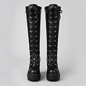 voordelige Platformlaarzen-Zwarte platform veterschoenen voor dames tot aan de knie met dikke hakken en gespdetail – gothic of punkstijl voor herfst en winter