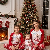 お買い得  子供のクリスマスパジャマ-ファミリールック クリスマス クリスマスファミリーパジャマ パジャマ ファミリーセット グラフィック しか 家 プリント ルビーレッド 長袖 日常 マッチング衣装