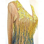 abordables robe de compétition-Women’s Gold and Blue Latin Dance Dress with Crystal Rhinestones and Fringed Details for Salsa, Tango, and Dance Performance