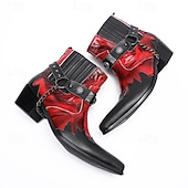 olcso Férfi karácsonyi cipők-Férfi piros és fekete lángmintás bőr bokacsizma láncpánttal és fém részletekkel, 100% marhabőr western csizma rockkoncertekre és bulikra
