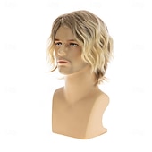 abordables Pelucas hombre-Peluca corta rizada rubia para hombre, de aspecto natural, color rubio oscuro, ideal para uso diario y fiestas.