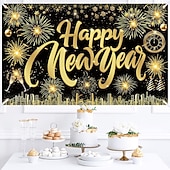 cheap New Year-New Years Eve Party Black and Gold Decorations Sequin Backdrop – Glitter Black Gold Fabric Banner for 2026 Happy New Year Party, Photo Booth &amp; Holiday Celebration Decor