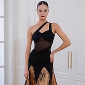 cheap Competition Wear-Women's Ballroom Dance Dress Black Lace Patchwork Mesh Asymmetric Shoulder Elegant Tango Rumba Competition Performance Gown