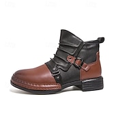baratos Botas de trabalho-Botas masculinas de couro sintético bicolor, pretas e marrons, com tira de fivela lateral e design de gáspea dobrada, botas vintage feitas à mão para amantes da moda retrô