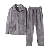 abordables Pyjamas-Homme Vêtements de Nuit Ensemble Pyjama Haut de pyjama et pantalon 1 ensemble Uni Mode Élégant Classique Maison Quotidien Lit Polaire Polyester Chaleur Thermique Confort Doux Revers manche longue