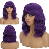 economico Parrucche trendy sintetiche-parrucche viola scuro con frangia per donne parrucche bob corte e ondulate da 14 pollici, parrucca bob sintetica, parrucca riccia resistente al calore, parrucca ondulata colorata, parrucche cosplay