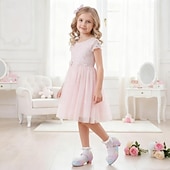 זול נעלי נסיכה לילדים-נעלי מרי ג'יין נוצצות לבנות עם פפיון ופנינים - צבעי הקשת בענן, עקב נוח