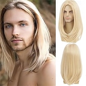 baratos Perucas Casam-Peruca longa castanha para homem, cabelo liso, sintética, resistente ao calor, ideal para uso diário, festas e fantasias.