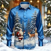 levne Pánská saténová košile-Vánoce Pánské Ježíšek Vánoční stromek Sob Košile Saténová košile Košile k obleku Dlouhý rukáv Móda pro volný čas Venkovní Párty Dovolená Jaro Podzim Přehnutý 3D tisk Košile na knoflíky Světle modr