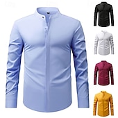 baratos camisas masculinas não de ferro-Homens Camisa Social Saia Camisa não de ferro Camisa de colarinho de banda Tecido O negócio Diário Preto Branco Amarelo Vinho Manga Longa Colarinho Mandarim Verão Primavera Roupa