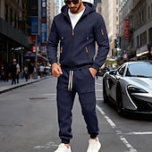 preiswerte Tute basic-Men's Tracksuit Outfit Set Hoodies Set Hoodie Outdoor Daily Sports Drawstring Zip Up Pocket Plain Black Navy Blue Brown Polyester Activewear Fashion Streetwear Fall