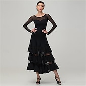 cheap Competition Wear-Women's Ballroom Dance Dress Layered Ruffle Mesh Long Sleeve Elegant Tango Waltz Foxtrot Competition Performance Gown – Black