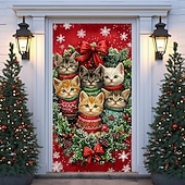 Christmas Door Cover Winter Holiday Decoration Drapes with Cat in Christmas Sweater Festive Holiday Colors Print for Home Entryway Living Room Bedroom Indoor Outdoor Seasonal Decor4