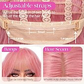 billige Syntetiske trendy parykker-Kort, bølget, rosa parykk - 12 tommers bobparykk med lugg for kvinner, krøllete, skulderlang, bobparykk med lugg, mykt syntetisk hår, parykker for jenter, daglig bruk til kostymefester