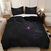 abordables Ensembles de housse de couette-Parure de lit 3 pièces en duvet motif dragon noir et violet pour grand lit, housse de couette en peluche courte douce avec 2 taies d'oreiller – Literie de chambre d'hôtel, confortable &amp; confortable
