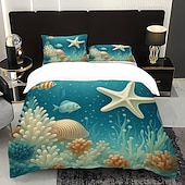 preiswerte Bettbezug-Sets-Unterwasserwelt Seestern &amp;3-teiliges Daunenbettbezug-Set mit Oktopus-Motiv für Queensize-Betten, weicher Bettbezug mit 2 Kissenbezügen – Hotel &amp;Gästezimmerbettwäsche, gemütlich &amp; komfortabel