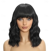 economico Parrucche trendy sintetiche-parrucche viola scuro con frangia per donne parrucche bob corte e ondulate da 14 pollici, parrucca bob sintetica, parrucca riccia resistente al calore, parrucca ondulata colorata, parrucche cosplay