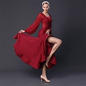 economico Abbigliamento da Competizione-abito da ballo da sala da donna in chiffon nero a maniche lunghe, elegante abito da competizione per valzer, tango, foxtrot