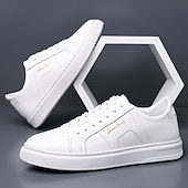 abordables Zapatillas Informales-Zapatillas casuales de piel sintética blanca para hombre con panel de acento marrón y diseño con cordones, zapatos de calle cómodos para atuendos urbanos y deportivos diarios.