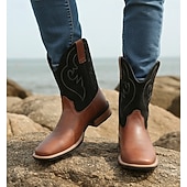 Men's Classic Cowboy Boots – Two-Toned Brown and Black Faux Leather with Distinct Stitching, Timeless Western Design for Casual Wear, Outdoor Adventures and Rodeo Events cheap Cowboy & Western Boots-Men's Classic Cowboy Boots – Two-Toned Brown and Black Faux Leather with Distinct Stitching, Timeless Western Design for Casual Wear, Outdoor Adventures and Rodeo Events