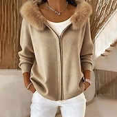 billiga Tröjjackor-Dam Tröja Kofta Elegant Mode söt stil Ensfärgat Huva Dragkedja Stickat Huva Långärmad Långa toppar Sticka Jul Utomhus Dagligen Svart Rubinrött Höst Vinter