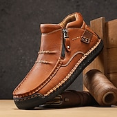 cheap Ankle Boots-Men's Brown Handmade Faux Leather Moccasin Shoes with Side Zipper and Non-Slip Sole, Comfortable Casual Loafers for Outdoor and Driving