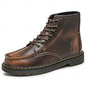 baratos Botas de combate-Botas de trabalho masculinas de couro bordô com cadarço, botas de combate vintage casuais de cano curto, duráveis para atividades ao ar livre &amp;sapatos de uso diário